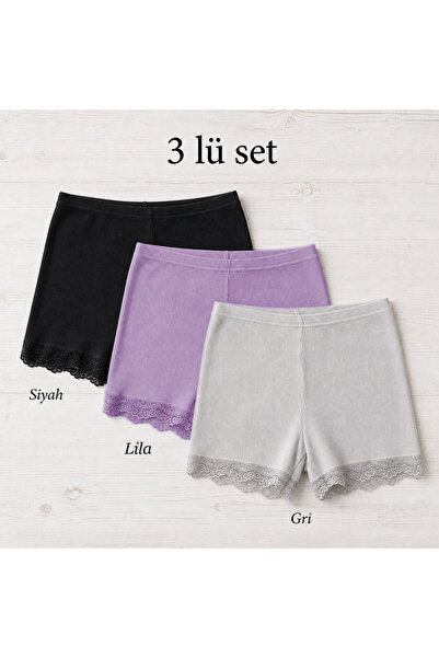 İncili Tekstil Women's 3-Piece Lace Long Ribbed Boxer Shorts - Cotton Stretch...