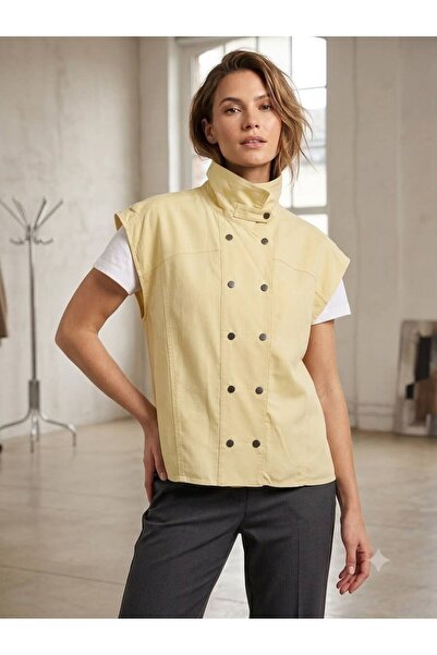 Olbia Women's Yellow Stand Collar Snap Fastener Draped Comfortable Fit Tencel...