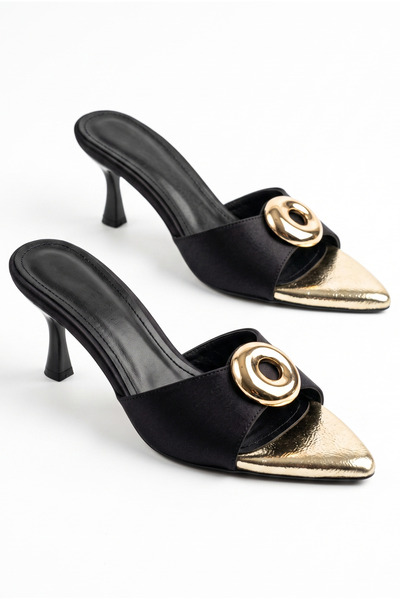 v.s.h velvet Minky women's shiny buckled black satin heeled slippers