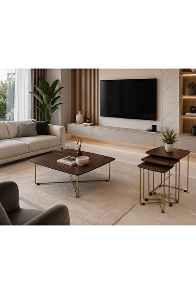 casa nexa 3'lü Zigon Sehpa ve Orta Sehpa Seti Ahşap Metal Ayak Modern Salon S...
