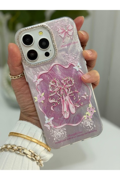 HyperAge iPhone 15 Pro Max Kılıf Parlak Taşlı İşlemeli Ebru Desenli Kamera Yü...