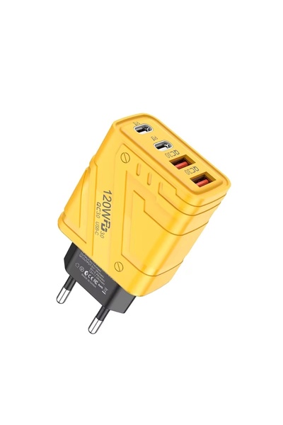 MeK Fine Incarcator Retea MeK Fine,120W Fast Charge,2 USB-C PD + 2 USB QC 3.0,4 Porturi,Smart Chip,Compatibil iPhone,Samsung,Xiaomi,Huawei,Galben