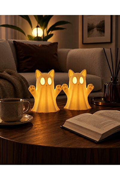 Qatman3d 2li Kedi Gece Lambası LED Tealight Mumluk Dekoratif Ev Dekoru