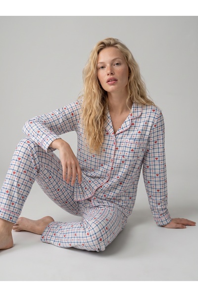 DAT Women's Ecru Heart Plaid Cotton Long Sleeve Pajama Set