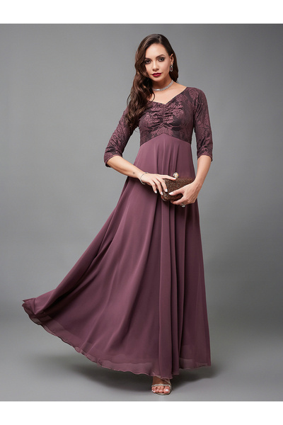 Miss Chase By Styli Mauve Lace Insert 3/4 Sleeves Maxi Dress