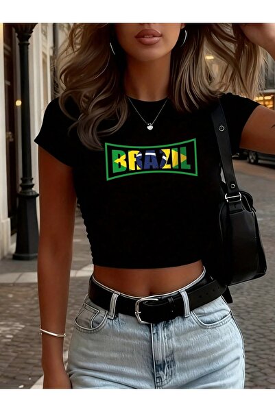 cto your style Women's Slim Fit Brazil Printed Crop T-Shirt Slim Fit Short Sl...