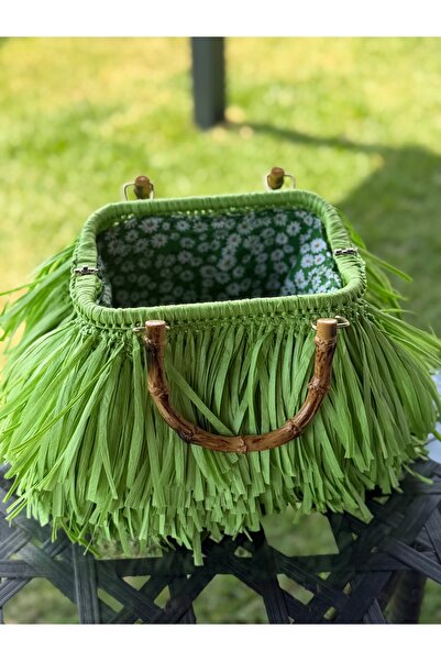 Little Sunshine Design Yeşil Püsküllü Rafya Çanta - El Yapımı Bambu Saplı Boh...