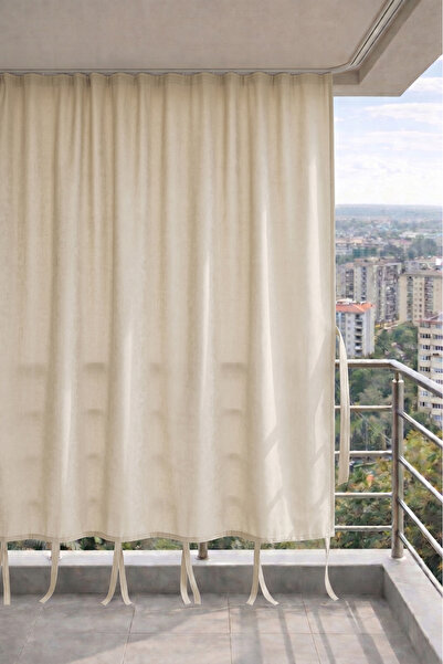 MRC Tekstil Bej balkon perdesi kornişli bağcıklı su geçirmez güneşlik dış mek...