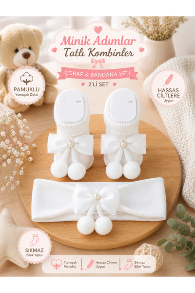 Akface Ponponlu Bebek Çorap Bandana 2'li Set Beyaz