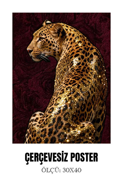 MegaSticker Bordo Fonlu Altın Işıltılı Leopar Poster 30x40 cm