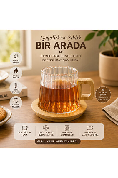 SERRA HOME Bambu Altlıklı Cam Kupa Borosilikat Bambu Kulplu Kupa