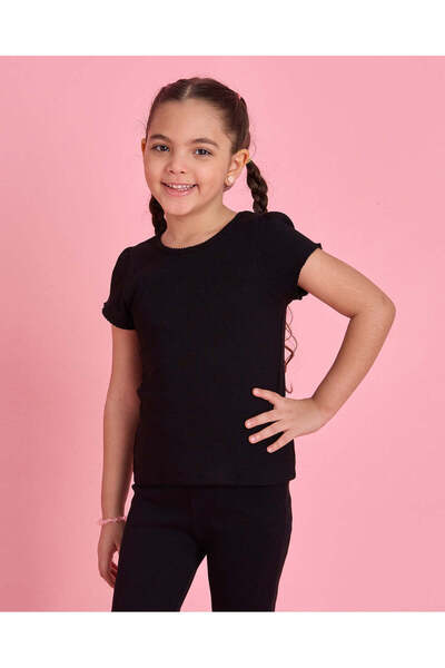 REDTAG Girls Black Picot Trim Rib T-Shirt