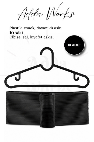 Adda Works 10'lu Siyah Kırılmaz Elbise Askısı İnce Kıyafet Askısı Dolap Düzen...