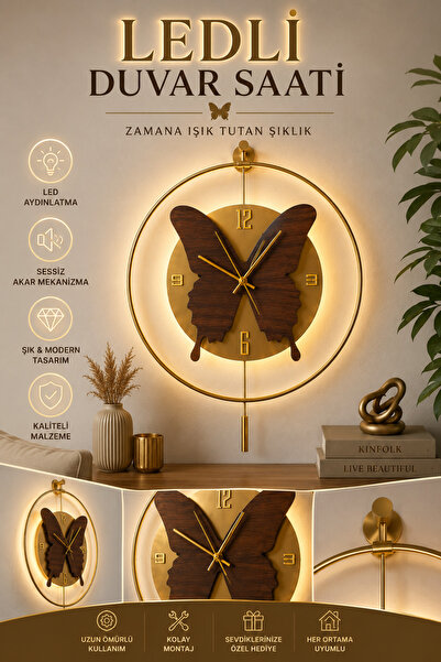 MetaQuartz Aksesuar Tek Çember Tiktok(GOLD-CEVİZ) - KELEBEK - Pilli Ledli - M...