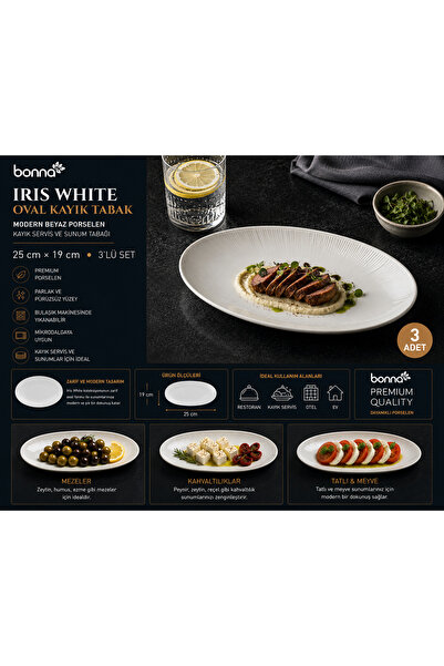 Bonnami Bonna Iris White Porcelain Oval Kayık Plate 25X19 cm - Modern White K...