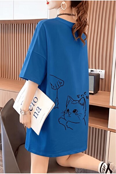 Oksit Fish And Cat Women's Oversized Basic Crew Neck Cotton T-Shirt Comfortab...