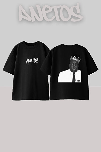 Anetos Tricou negru supradimensionat cu imprimeu Biggie Crown Design