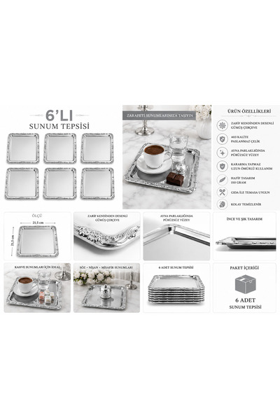 Turkco Self-Patterned Silver Stainless Steel Presentation Tray 21.5X21.5 cm C...