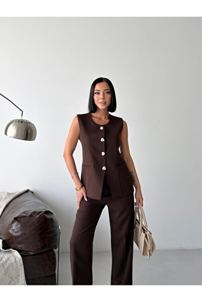 Bukamiss Vestă cu nasturi aurii pentru femei, pantaloni, set din două piese - maro amar