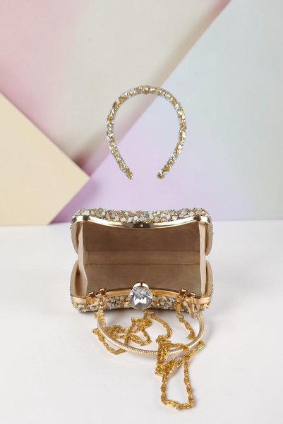 DNC Art&Deco Pearlescent Gold Evening Dress Bag with Crown Gift Luxury Portfolio - Pearl White Cracked Stone Evening Bag and Crown Combination Set