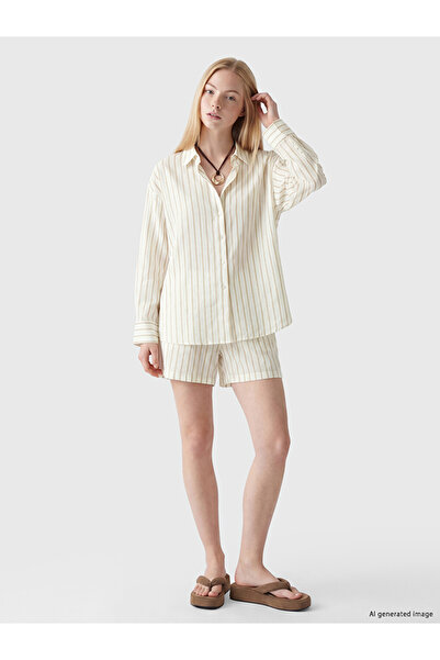 LC Waikiki Beige Striped Women's Muslin Shorts with Elastic Waist
