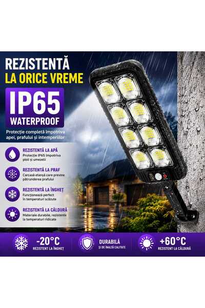 ASMXX Lampă Solară LED 200 COB cu Senzor de Mișcare, Telecomandă, IP65, Încărcare Solară, Iluminare 6500K, Autonomie 8-12 Ore, pentru Curte, Grădină, Garaj, Alee