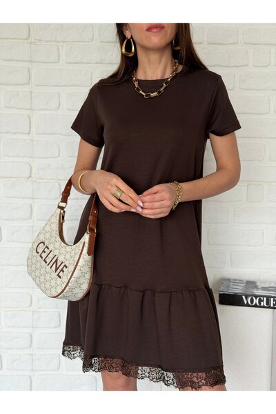 Goncalya Lace Skirt Modal Dress Brown