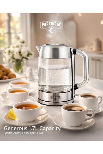 Partridge Electric Glass Kettle, 1.7L Capacity, LED Light, 360° Rotary Base, Glass Body, 2200W,Dry Boil Protection For Tea Coffe Water Boiling, New Modern Premium Design
