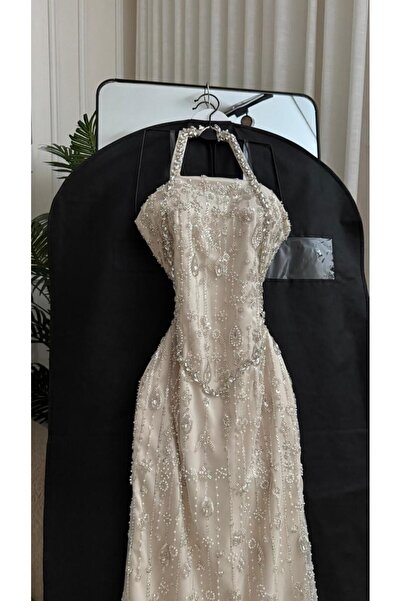 FASHION Beige Halter Neck Slim Fitting Evening Gown with Crystals and Hanging...