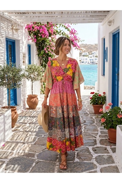 AYASOFYA OTANTIK Women's Indian Ethnic Patterned Silk Dress