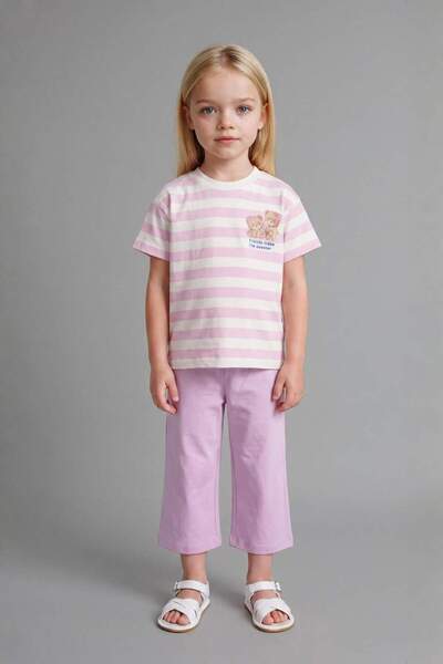 DeFacto Teddy Bear Short Sleeve T-Shirt Shorts 2-Piece Lilac Set Baby Girl I0...