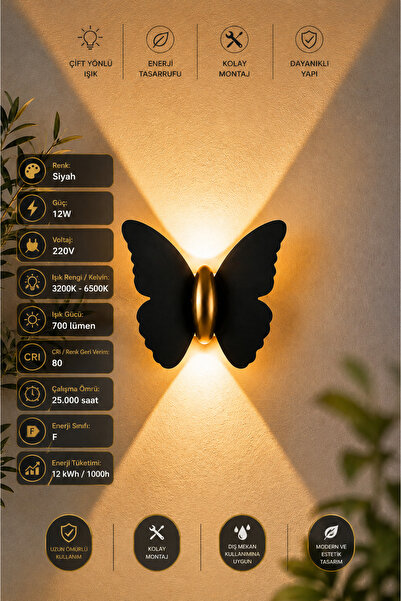 LEDMAX Dekoratif Kelebek LED Aplik Duvar Apliği Siyah - 6W - 3000K - 6400K