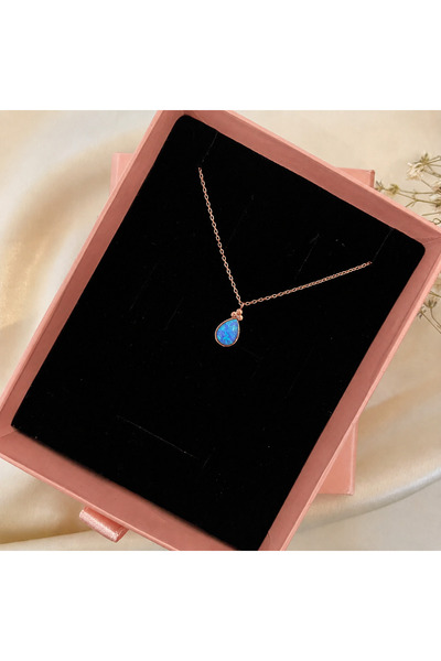 Lovera Jewellery 925 Ayar Gümüş Sertifikalı Mavi Opal Taşlı Damla Kolye