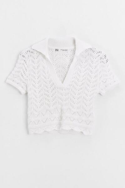 BSL Ajur Örgü Polo Yakalı Crop Bluz