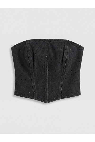 LC Waikiki Ozmarka New Season Strapless Collar Stoned Women's Jean Corset Blouse