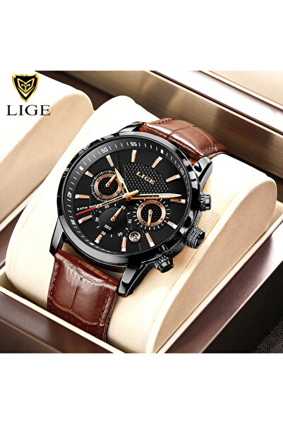 choice2 ساعة LIGE باللون الأسود الوردي، ساعة LIGE الجديدة من الجلد البني للرج...