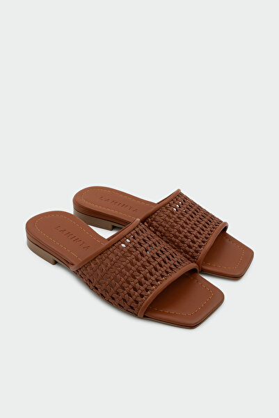 LAMİNTA Ciffy Knitted Detailed Flat Women's Tan Slippers