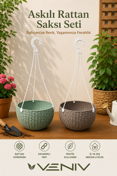VENİV 2’li 2 Litre Alt Tabaklı Askılı Rattan Saksı Seti | Dekoratif ve Şık Ta...