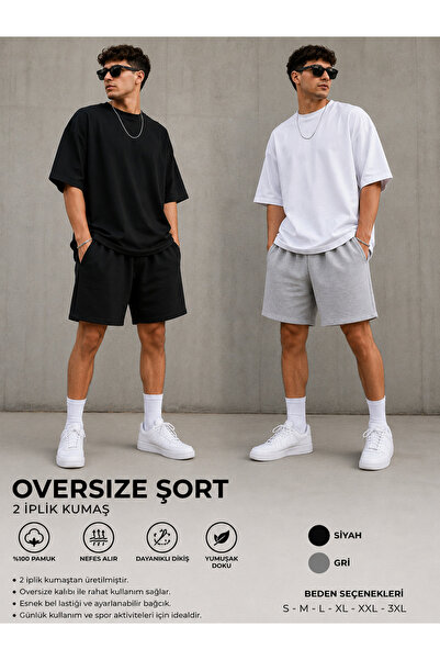 CANDERO 2'li Şort Erkek (Siyah-Gri) Yazlık Geniş Kalıp Oversize Yıkamalı Kuma...