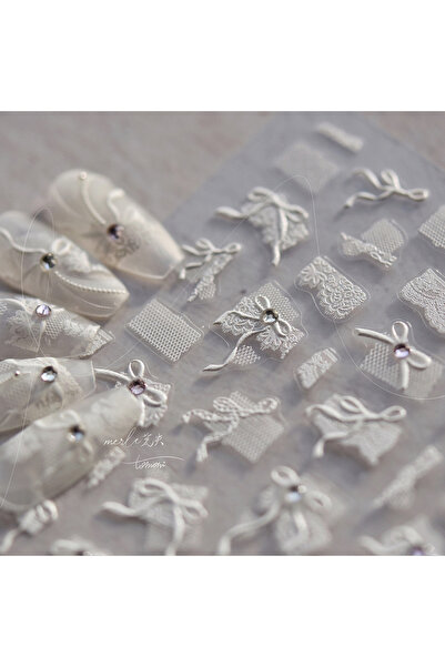 Choice1 1pcs 5D Diamond White Lace Bow Nail Art Stickers Pearl Rhinestones Na...
