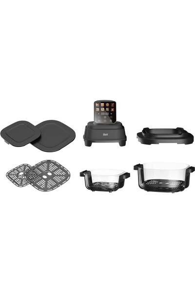 iHunt Friteuză cu aer cald PureGlass 8-în-1, 1500W, Sistem integrat de gătit, depozitare și transport, 2 recipiente modulare din sticlă borosilicată, 4L + 1.5L