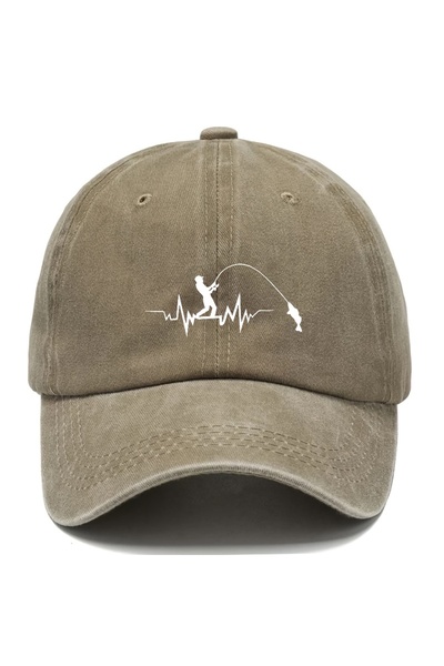 Choice5 Adjustable Khaki Retro washed baseball cap with fishing pattern desig...