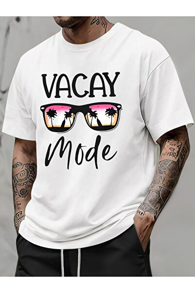 1001 Line Men's White Vacation Mode T-Shirt with Palm Tree Sunset VACAY MODE ...