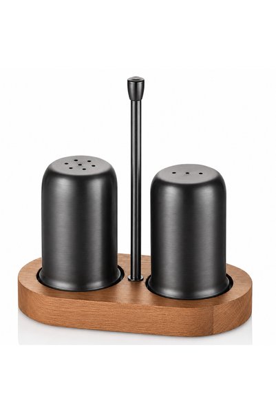 HOMEDEFNE 304 Steel Salt and Pepper Shaker with Wooden Stand (Dining Hall/Restaurant/Hotel/Cafe/Workplaces)