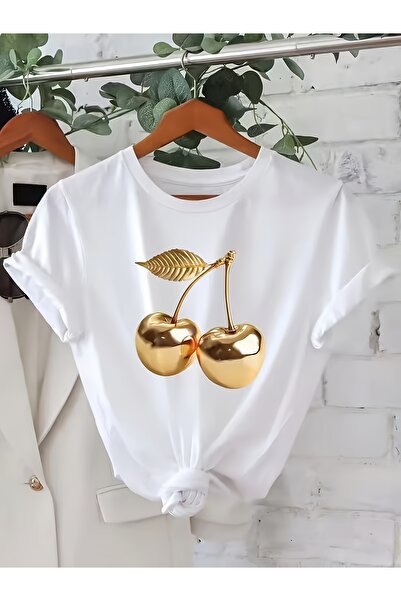 23 nisan Quanquan Metallic Golden Cherry Print Short-Sleeve T-Shirt, Fashiona...