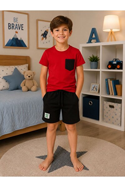 tusem butik homewear Boy's Cotton Red Smoked Short Sleeve Shorts Summer Set