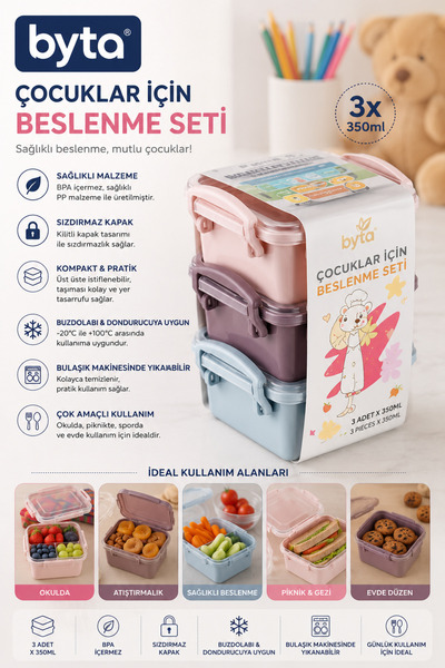 BYTA 3-Piece Children's Nutrition Storage Container Set 350 ml – with Locking...