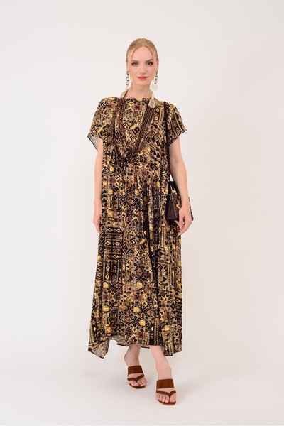Hazinedan Authentic Women's Yellow Ethnic Pattern Asymmetric Short Sleeve Mot...