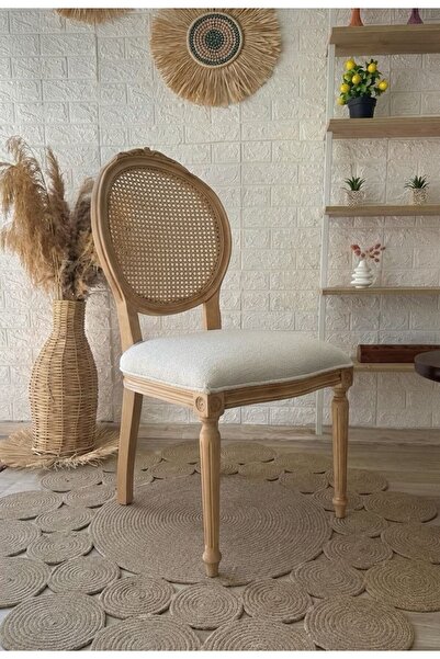 silla Madalyon Sandalye Teddy Krem Kumaş Oymalı Hasırlı Naturel Ahşap Sandalye