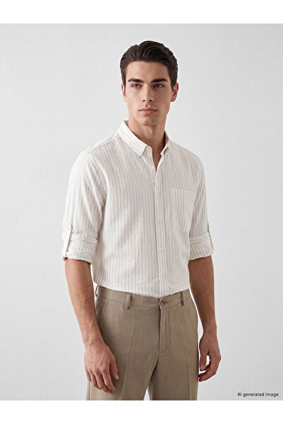 LC Waikiki Lcwaikiki Classic Beige Regular Fit Striped Linen Blend Men's Shirt